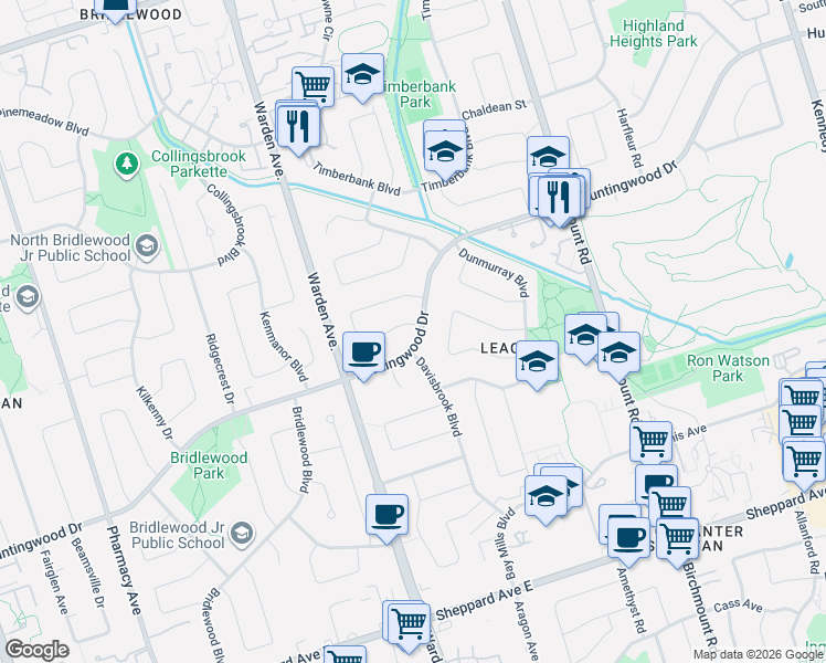 map of restaurants, bars, coffee shops, grocery stores, and more near 588 Huntingwood Drive in Toronto