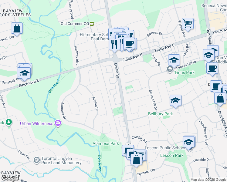 map of restaurants, bars, coffee shops, grocery stores, and more near 106 Thorny Vineway in Toronto