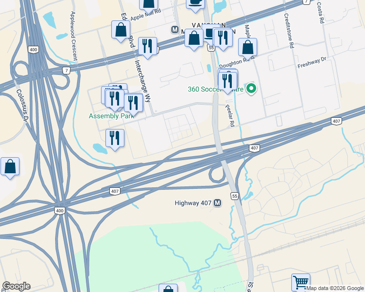 map of restaurants, bars, coffee shops, grocery stores, and more near 141 Honeycrisp Crescent in Vaughan