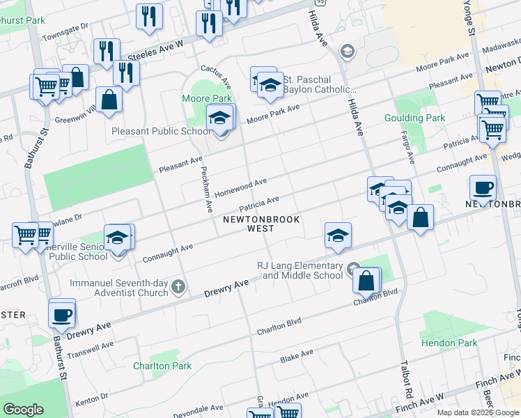 map of restaurants, bars, coffee shops, grocery stores, and more near 263 Patricia Avenue in Toronto