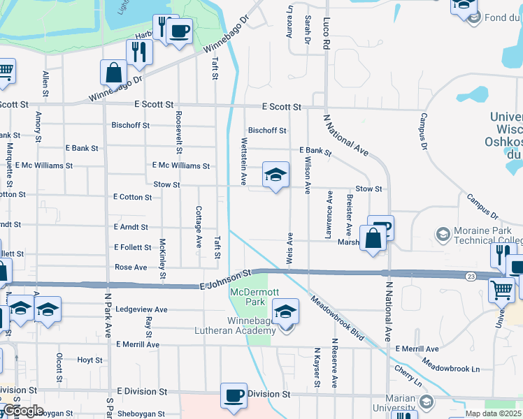 map of restaurants, bars, coffee shops, grocery stores, and more near 300 Weis Avenue in Fond du Lac