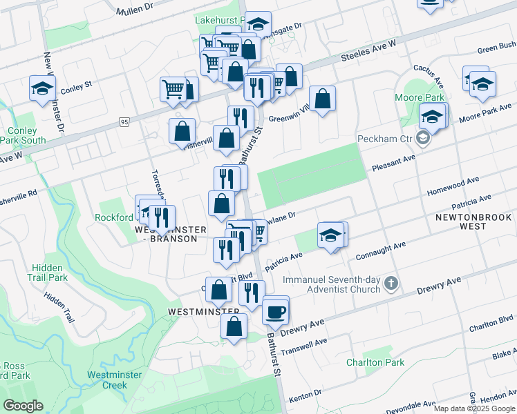 map of restaurants, bars, coffee shops, grocery stores, and more near 6035 Bathurst Street in Toronto