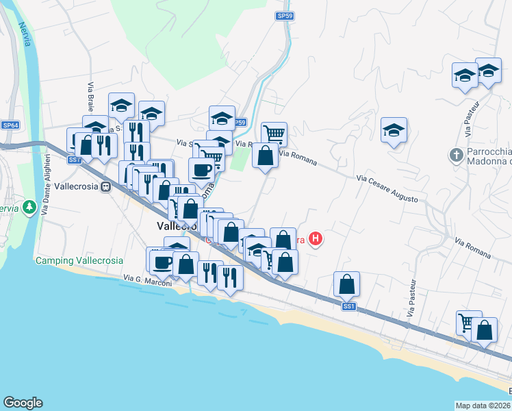 map of restaurants, bars, coffee shops, grocery stores, and more near 43 Via Don Giovanni Bosco in Vallecrosia