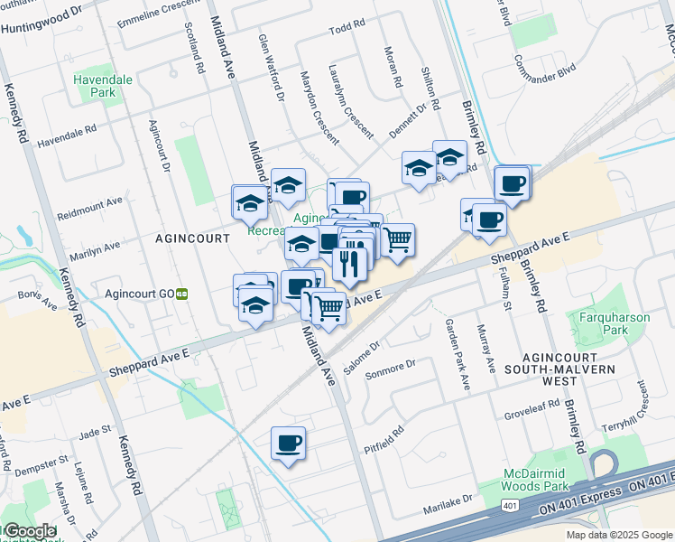 map of restaurants, bars, coffee shops, grocery stores, and more near 8 Glen Watford Drive in Toronto