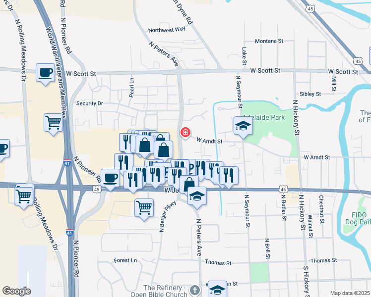 map of restaurants, bars, coffee shops, grocery stores, and more near 346-376 North Peters Avenue in Fond du Lac