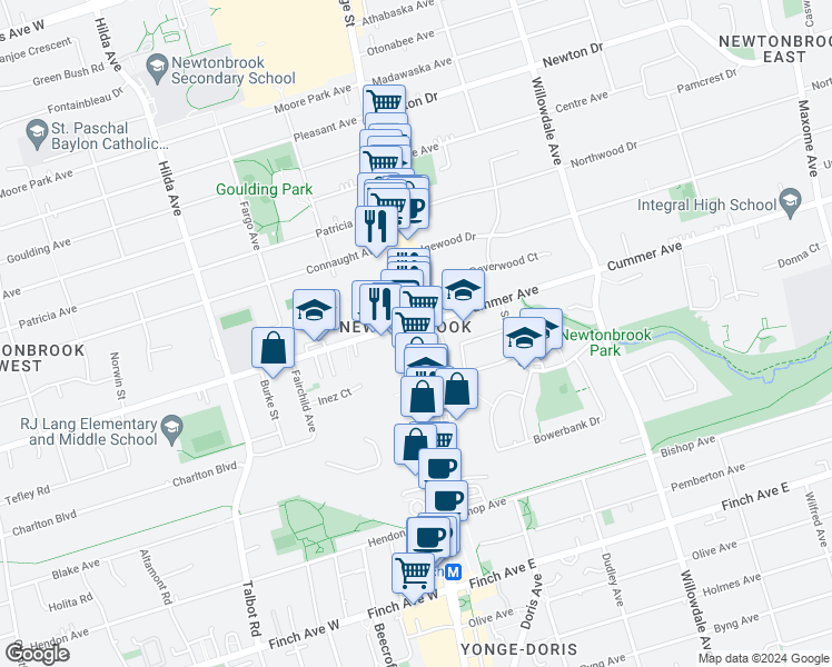 map of restaurants, bars, coffee shops, grocery stores, and more near in Toronto