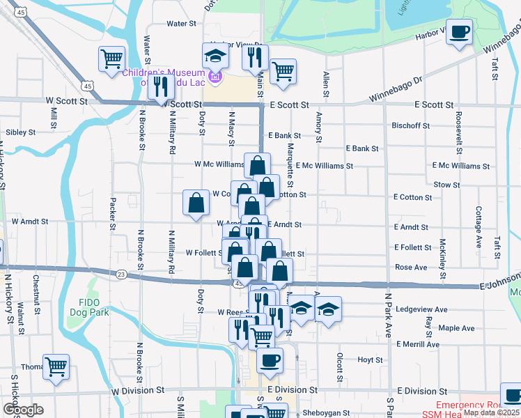 map of restaurants, bars, coffee shops, grocery stores, and more near 280 North Main Street in Fond du Lac
