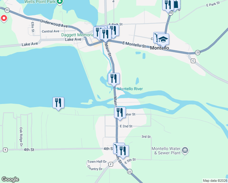 map of restaurants, bars, coffee shops, grocery stores, and more near 201 Main Street in Montello