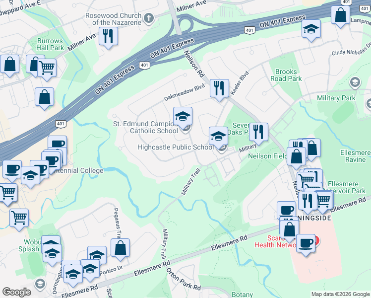 map of restaurants, bars, coffee shops, grocery stores, and more near 69 Oakmeadow Boulevard in Toronto