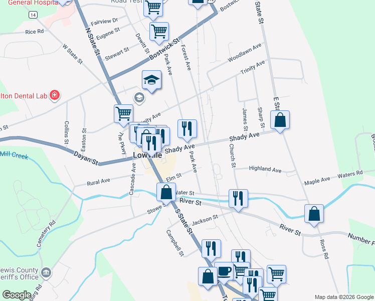 map of restaurants, bars, coffee shops, grocery stores, and more near 5464 Shady Avenue in Lowville