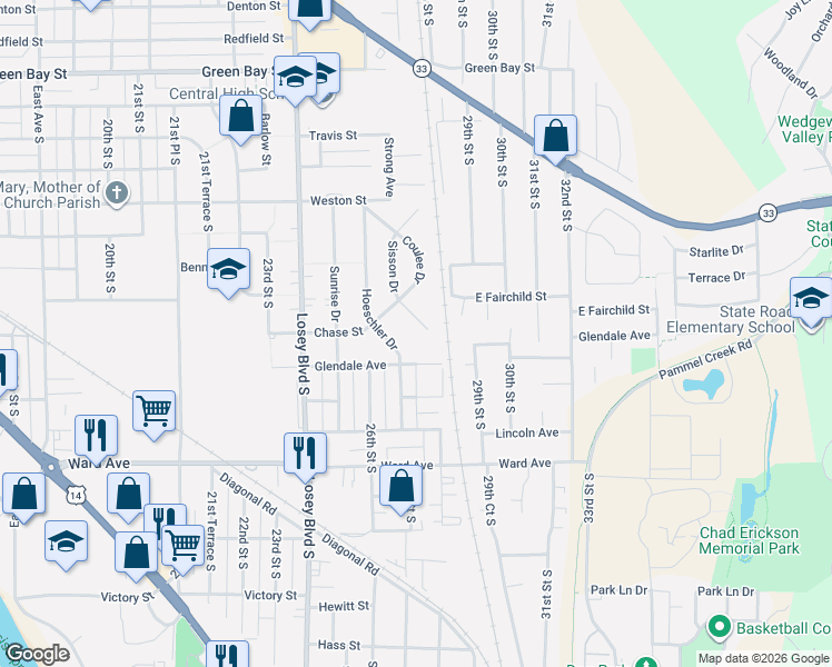 map of restaurants, bars, coffee shops, grocery stores, and more near 2721 Glendale Avenue in La Crosse