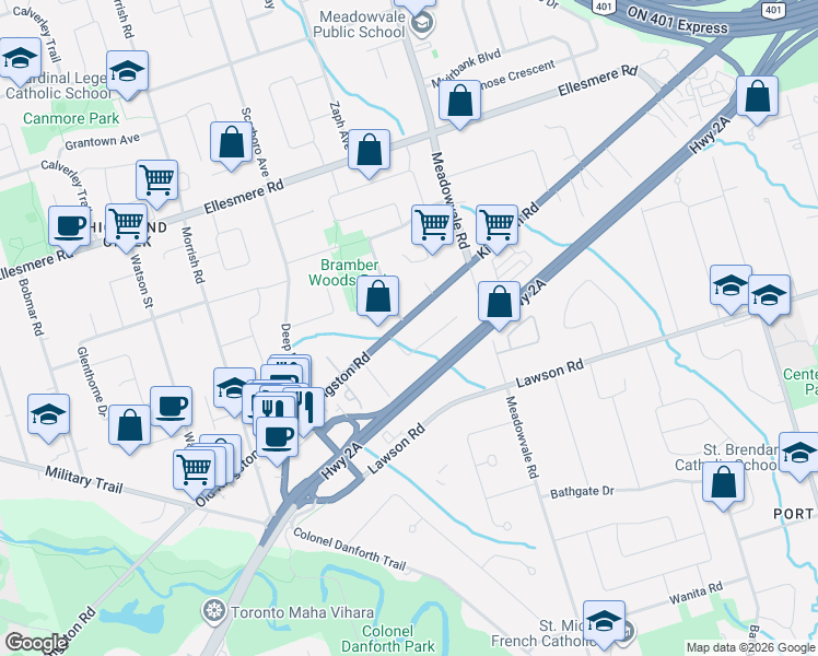 map of restaurants, bars, coffee shops, grocery stores, and more near 6227 Kingston Road in Toronto
