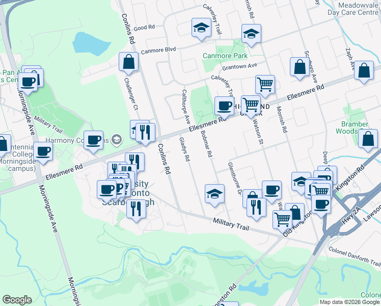 map of restaurants, bars, coffee shops, grocery stores, and more near 53 Gladys Road in Toronto