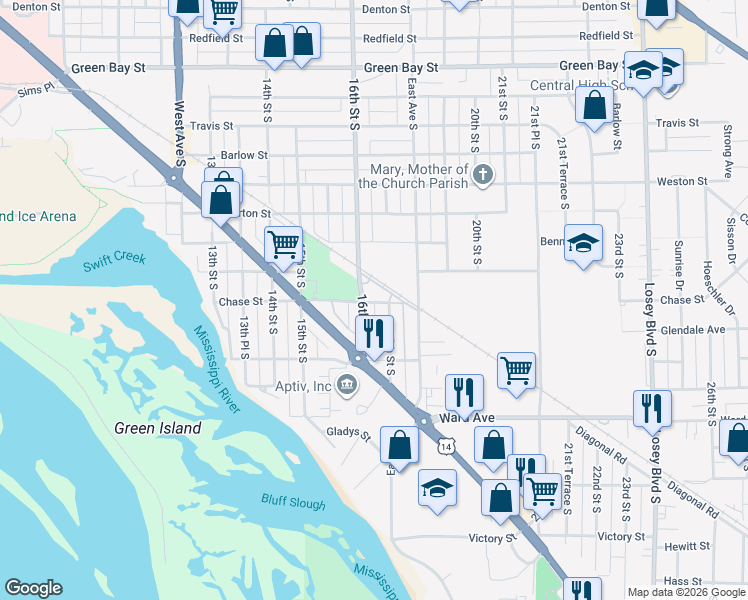 map of restaurants, bars, coffee shops, grocery stores, and more near 2517 16th Street South in La Crosse