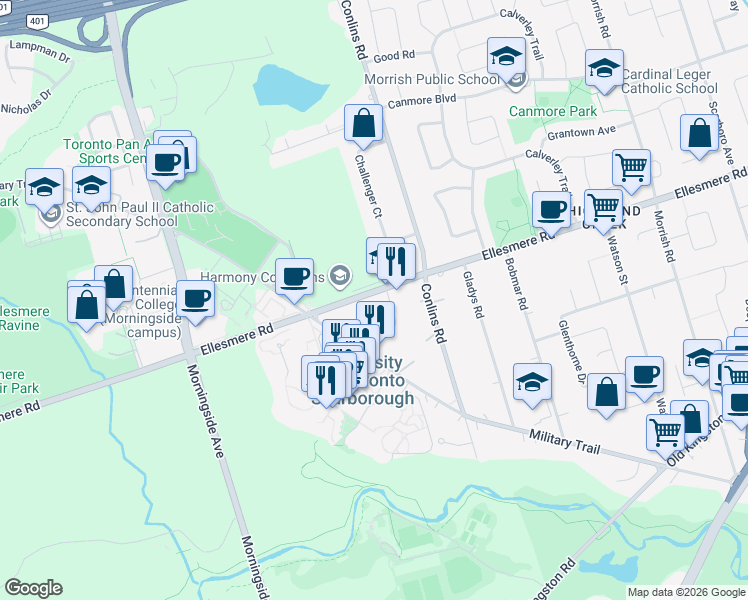 map of restaurants, bars, coffee shops, grocery stores, and more near in Toronto