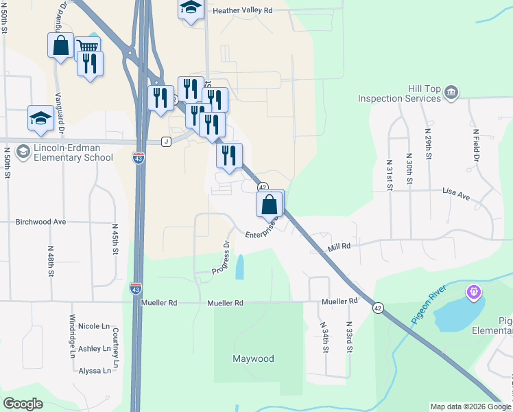 map of restaurants, bars, coffee shops, grocery stores, and more near 3838 Enterprise Drive in Sheboygan