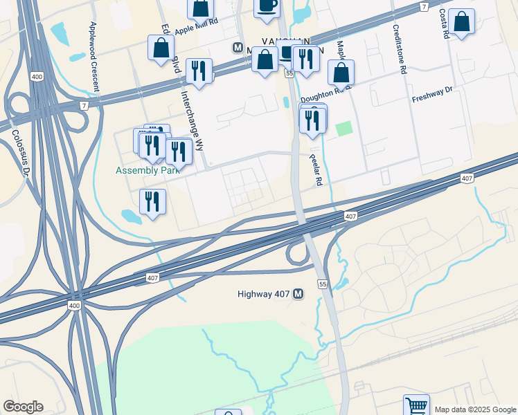 map of restaurants, bars, coffee shops, grocery stores, and more near Exchange Avenue in Vaughan
