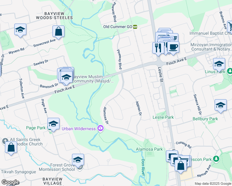 map of restaurants, bars, coffee shops, grocery stores, and more near 27 Alamosa Drive in Toronto