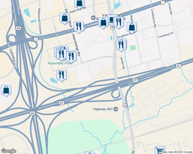 map of restaurants, bars, coffee shops, grocery stores, and more near 140 Honeycrisp Crescent in Vaughan