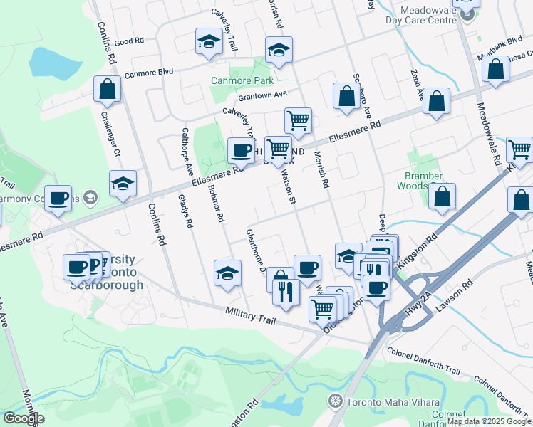 map of restaurants, bars, coffee shops, grocery stores, and more near in Toronto
