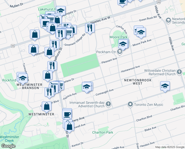 map of restaurants, bars, coffee shops, grocery stores, and more near in Toronto