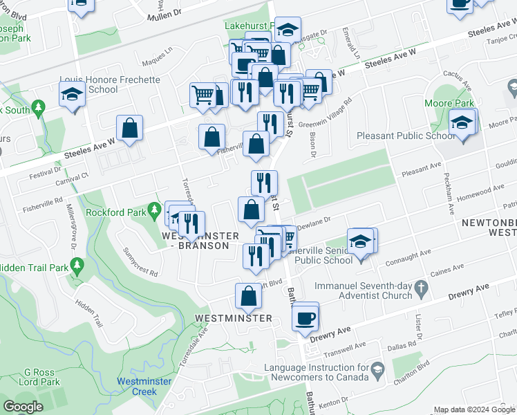 map of restaurants, bars, coffee shops, grocery stores, and more near in Toronto