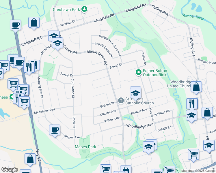 map of restaurants, bars, coffee shops, grocery stores, and more near 11 Jackman Crescent in Vaughan
