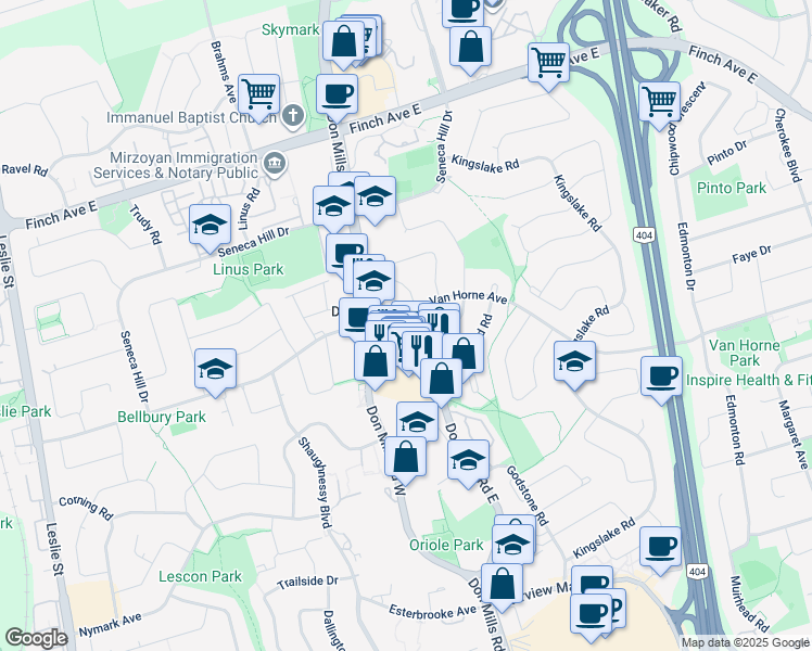 map of restaurants, bars, coffee shops, grocery stores, and more near 225 Van Horne Avenue in Toronto