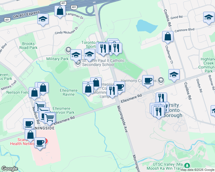 map of restaurants, bars, coffee shops, grocery stores, and more near 100 Mornelle Court in Toronto
