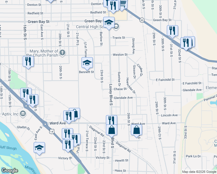 map of restaurants, bars, coffee shops, grocery stores, and more near 2415 Losey Boulevard South in La Crosse