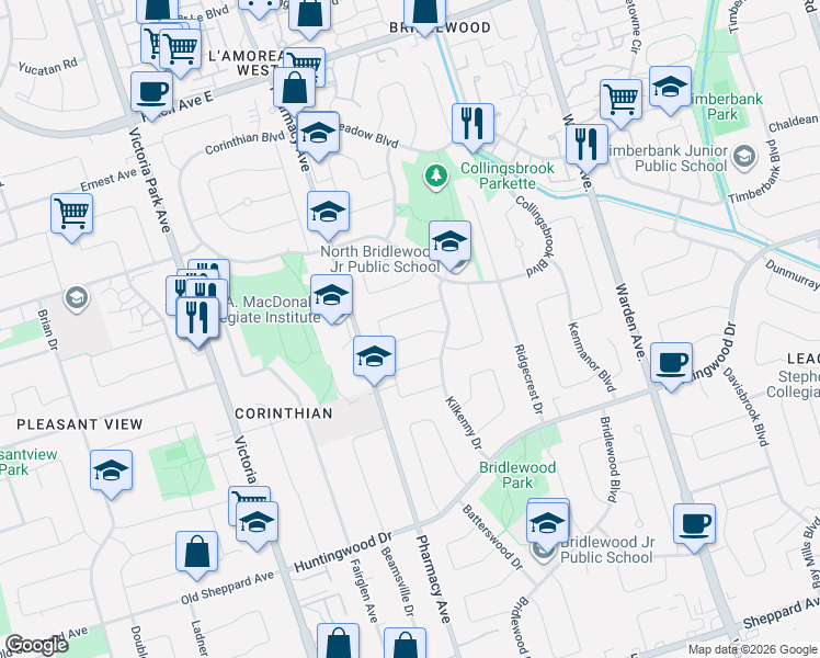 map of restaurants, bars, coffee shops, grocery stores, and more near 11 Caronridge Crescent in Toronto