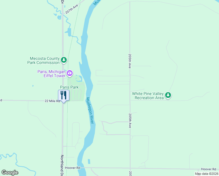 map of restaurants, bars, coffee shops, grocery stores, and more near 22051 205th Avenue in Green Charter Township