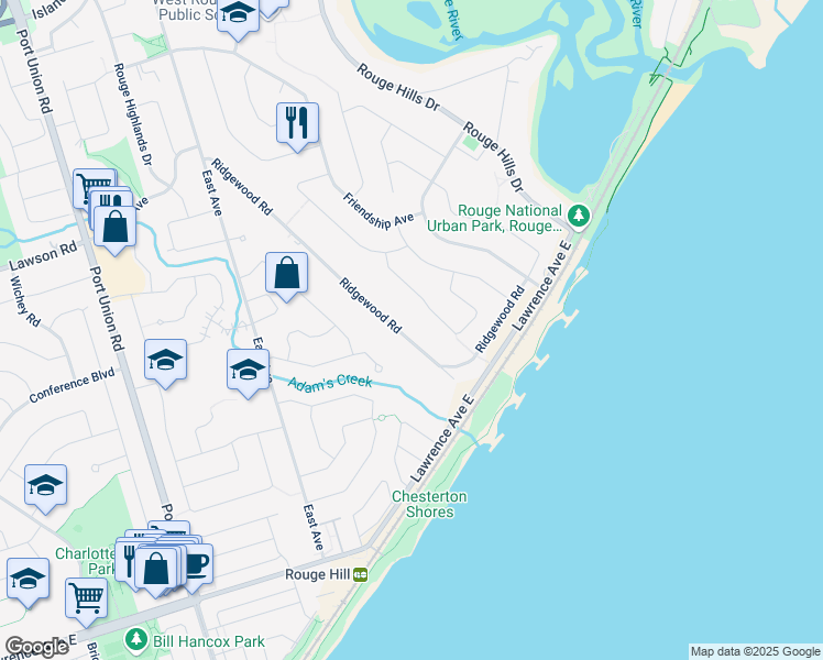 map of restaurants, bars, coffee shops, grocery stores, and more near 151 Ridgewood Road in Toronto