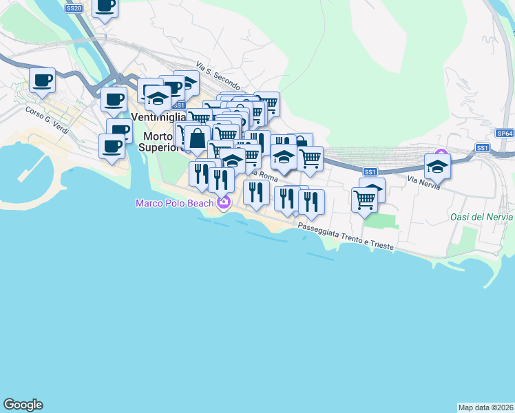 map of restaurants, bars, coffee shops, grocery stores, and more near 4 Passeggiata Cavallotti in Ventimiglia