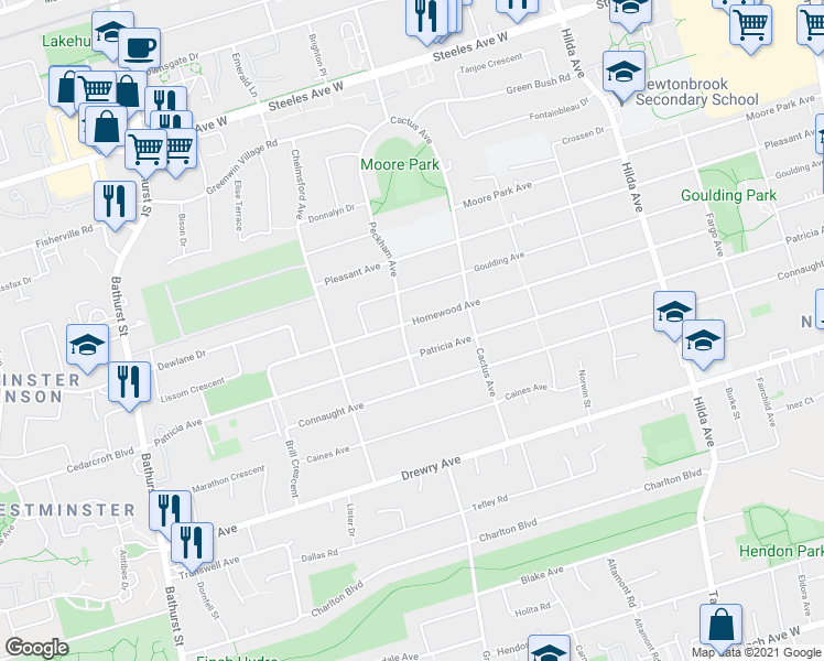 map of restaurants, bars, coffee shops, grocery stores, and more near 275 Homewood Avenue in Toronto