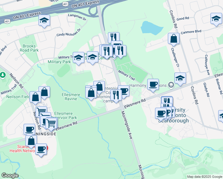 map of restaurants, bars, coffee shops, grocery stores, and more near 100 Mornelle Court in Toronto