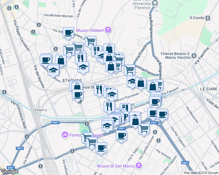map of restaurants, bars, coffee shops, grocery stores, and more near 2 Via Ippolito Nievo in Florence