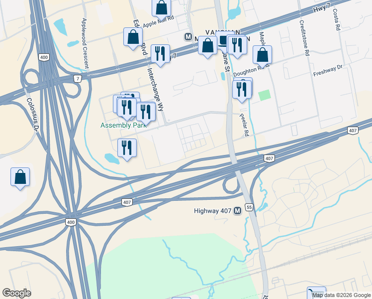 map of restaurants, bars, coffee shops, grocery stores, and more near 3 Mable Smith Way in Vaughan