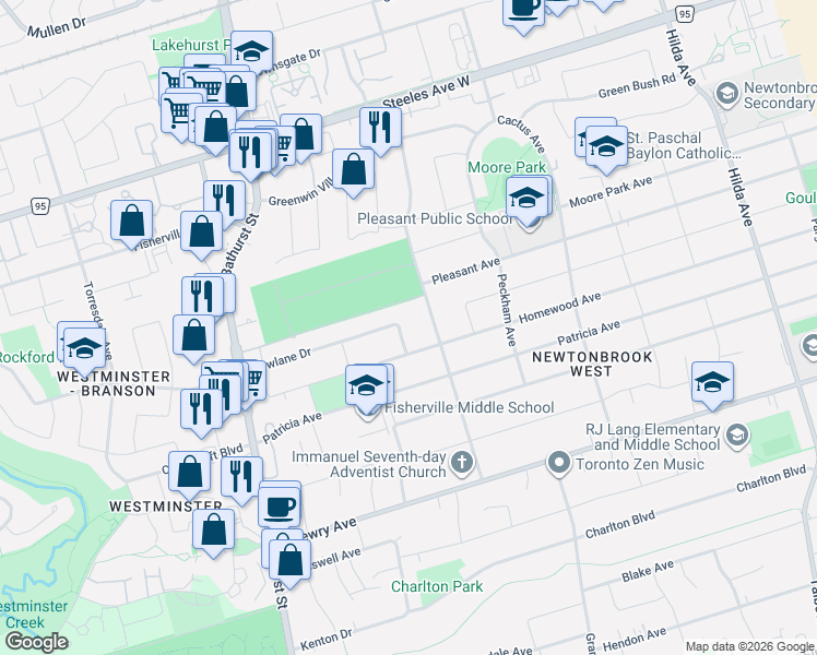 map of restaurants, bars, coffee shops, grocery stores, and more near in Toronto