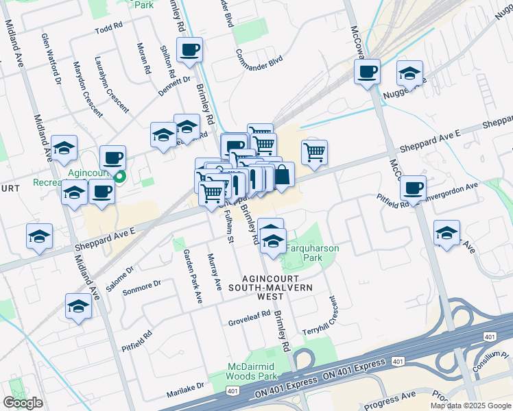 map of restaurants, bars, coffee shops, grocery stores, and more near 2009 Brimley Road in Toronto