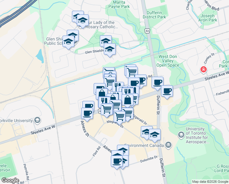 map of restaurants, bars, coffee shops, grocery stores, and more near 34 Futurity Gate in Vaughan