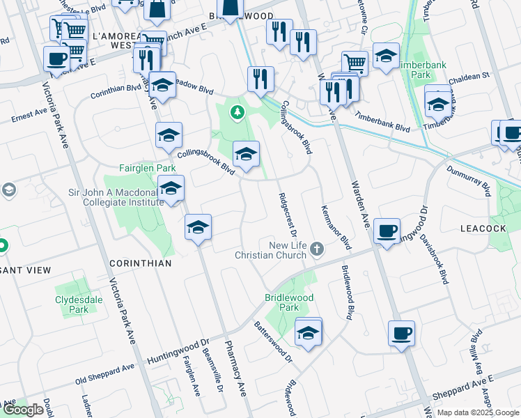 map of restaurants, bars, coffee shops, grocery stores, and more near in Toronto