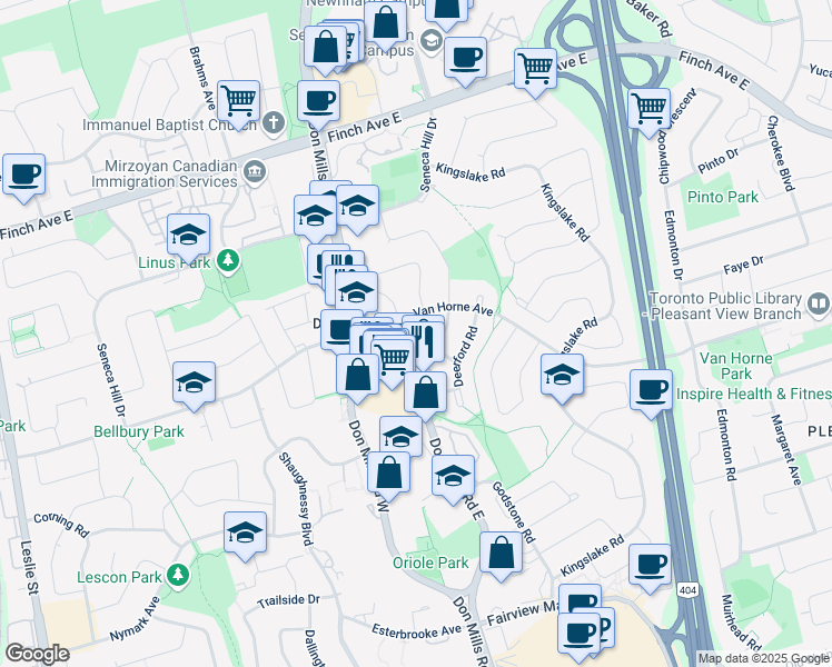 map of restaurants, bars, coffee shops, grocery stores, and more near 335 Van Horne Avenue in Toronto
