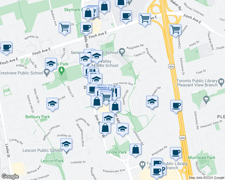 map of restaurants, bars, coffee shops, grocery stores, and more near 335 Van Horne Av in Toronto