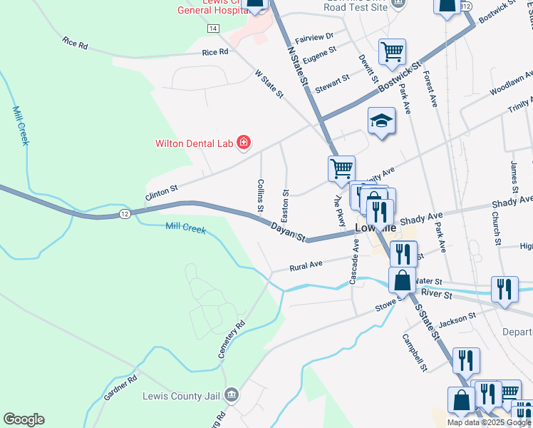 map of restaurants, bars, coffee shops, grocery stores, and more near 7621 Collins Street in Lowville
