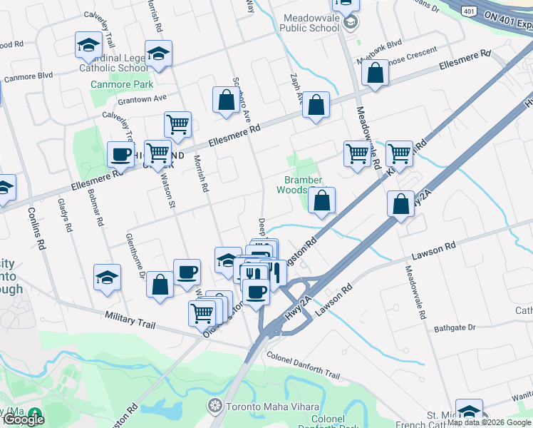 map of restaurants, bars, coffee shops, grocery stores, and more near 47 Deep Dene Drive in Toronto