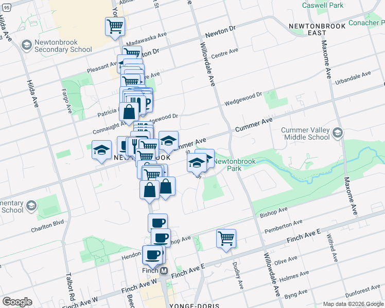 map of restaurants, bars, coffee shops, grocery stores, and more near 50 Silverview Drive in Toronto