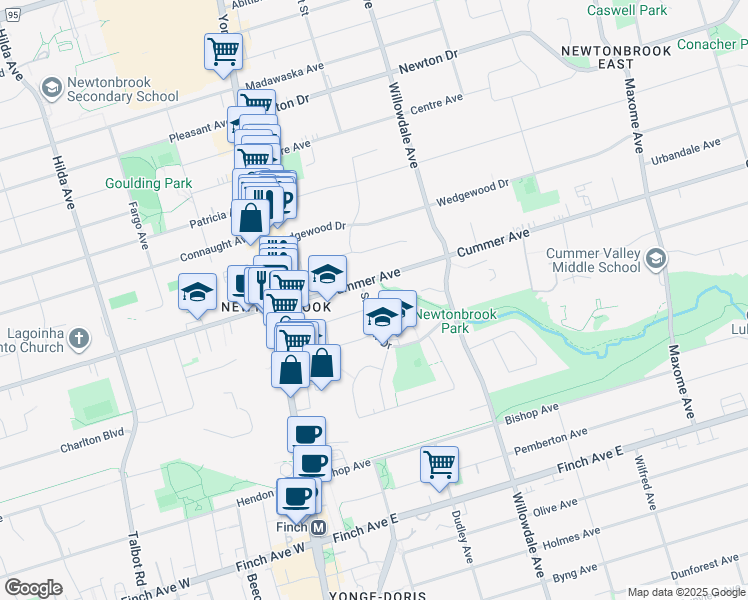 map of restaurants, bars, coffee shops, grocery stores, and more near 77 Cummer Avenue in Toronto