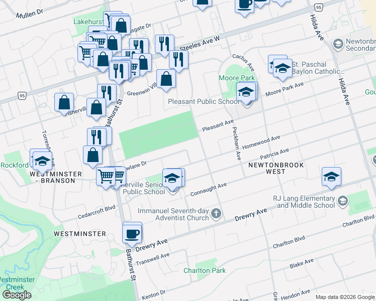 map of restaurants, bars, coffee shops, grocery stores, and more near 66 Dewlane Drive in Toronto