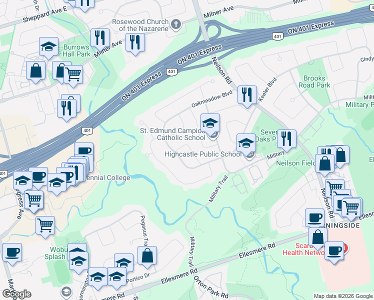 map of restaurants, bars, coffee shops, grocery stores, and more near 14 Logstone Crescent in Toronto